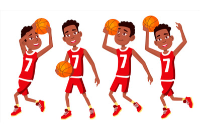 Basketball Player Child Set Vector. In Action. Athlete In Uniform With Ball. Team Action Stickers. Sport Game. Isolated Flat Cartoon Illustration