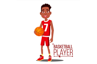 Basketball Player Child Vector. Afro American, Black. Athlete In Uniform With Ball. Healthy Lifestyle. Isolated Flat Cartoon Illustration