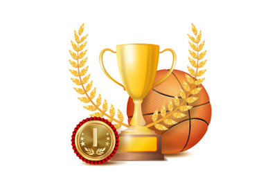 Basketball Award Vector. Sport Banner Background. Orange Ball&2C; Gold Winner Trophy Cup&2C; Golden 1st Place Medal. 3D Realistic Isolated Illustration