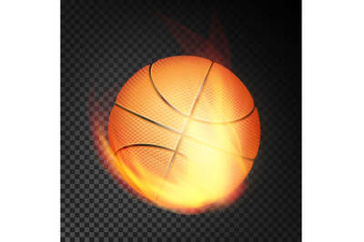 Basketball Ball In Fire Vector Realistic. Burning Basketball Ball. Transparent Background