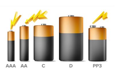 Alkaline Batteries Mock Up Set Vector. Different Types AAA, AA, C, D, PP3, 9 Volt. Standard Modern Realistic Battery. Black Yellow Template For Branding Design. Isolated Illustration