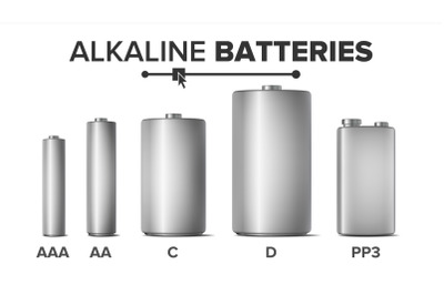 Alkaline Batteries Mock Up Set Vector. Different Types AAA, AA, C, D, PP3, 9 Volt. Standard Modern Realistic Battery. Metal Clean Empty Template Good For Branding Design. Isolated Illustration