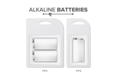 PPS Batteries Packed Vector. Alkaline Battery In Blister. Realistic Glossy Battery Accumulator. Mock Up Good For Branding Design. Closeup Isolated Illustration