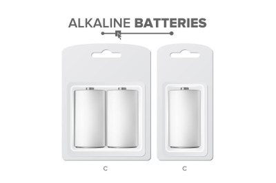 C Batteries Packed Vector. Alkaline Battery In Blister. Realistic Glossy Battery Accumulator. Mock Up Good For Branding Design. Closeup Isolated Illustration