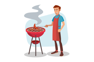 BBQ Cooking Vector. Man Cook Grill Meat On Bbq. Isolated Flat Cartoon Character Illustration