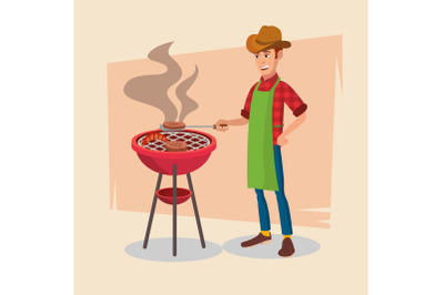 BBQ Party Vector. Barbecue Tools, Grill, Forks With Happy Man. Flat Cartoon Illustration