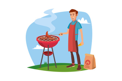 BBQ Cooking Vector. Classic American Smiling Man Barbecuing. Isolated On White Cartoon Character Illustration