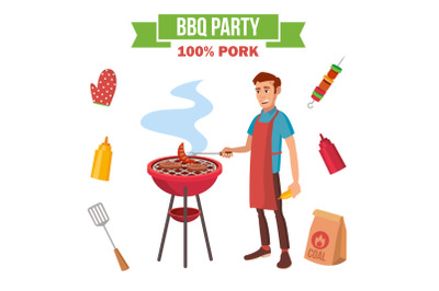 BBQ Grill Meat Cooking Vector. Man Cooking Meat. Outdoor Rest. Cartoon Character Illustration