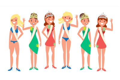 Beauty Pageant Vector. Woman On Beauty Pageant. Queen Smiling. Isolated Flat Cartoon Illustration