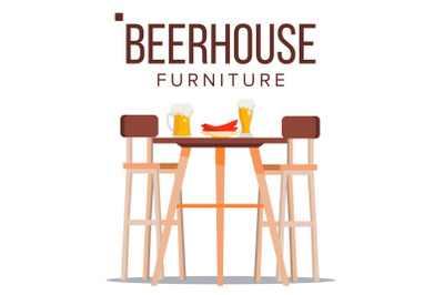 Beer House Furniture Vector. Pub. Beery Party Design Element. Brewery Wooden Table, Chairs, Beer Mug. Isolated Flat Illustration