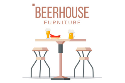 Beer House Furniture Vector. Brewery Wooden Table, Chairs, Beer Mug. Bar. Alcohol Party Design Element. Isolated Flat Illustration