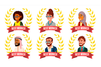 Best Worker Employee Set Vector. Man, Woman. Arab, Turkish, European, Afro American. Award Of The Year. Gold Wreath. The Most Great Results. Smiling. Leader Business Cartoon Illustration