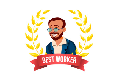 Best Worker Employee Vector. Turkish Man. Award Of The Month. Gold Wreath. Professional Goals. Victory Business Cartoon Illustration