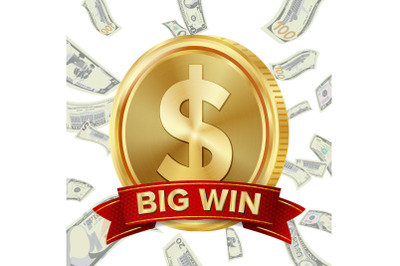 Big Win Sign Vector Background. Design For Online Casino, Poker, Roulette, Slot Machines, Playing Cards, Mobile Game. Coins Background.