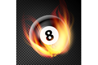 Billiard Ball In Fire Vector Realistic. Burning Billiard Ball. Transparent Background