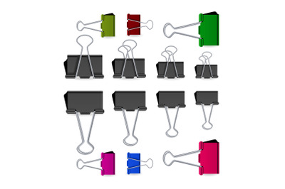 Small Binder Clips Vector Isolated On White. Realistic Paper Clip Set