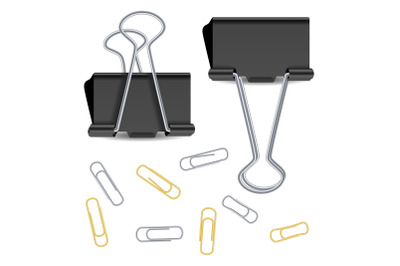 Small Binder Clips Vector Isolated On White. Realistic Paper Clip Set