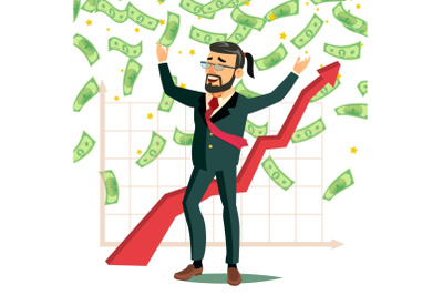 Dollar Rain Businessman Vector. Rain Banknotes Cash. Hands Raised. Rich And Successful. Isolated Flat Cartoon Character Illustration