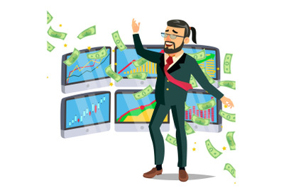 Dollar Rain Businessman Vector. Winner Cash Savings Banking Concept. Isolated Flat Cartoon Character Illustration