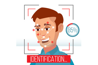 Biometric Facial Identification Vector. Mobile App For Face Recognition. High-tech Technology Illustration