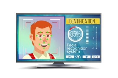 Face Recognition And Identification Vector. Face Recognition Technology. Face On Screen. Human Face With Polygons And Points. Scanning Security Illustration