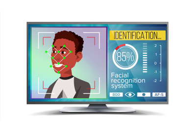 Face Recognition, Identification System Vector. Face Recognition Technology. Afro American Face On Screen. Human Face With Polygons And Points. Scanning Security Illustration