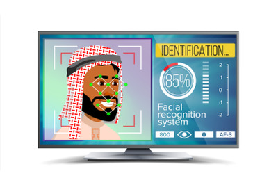 Face Recognition, Identification System Vector. Face Recognition Technology. Arab Face On Screen. Human Face With Polygons And Points. Scanning Security Illustration