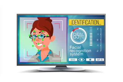 Face Recognition, Identification System Vector. Face Recognition Technology. Woman Face On Screen. Human Face With Polygons And Points. Scanning Security Illustration