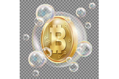 Bitcoin In Soap Bubble Vector. Investment Risk. Bitcoin Crash Digital Money. Crypto Currency Market. Realistic Isolated Illustration