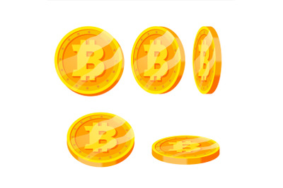 Bitcoin Gold Coins Vector Set. Flip Different Angles. Modern Virtual Money. Digital Currency. Isolated Flat illustration