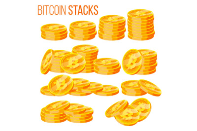 Bitcoin Stacks Set Vector. Crypto Currency. Virtual Money. Isolated Flat Cartoon Illustration