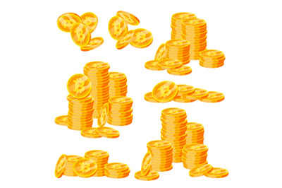 Bitcoin Stacks Set Vector. Crypto Currency. Virtual Money. Gold Coins Stack. Business Crypto Currency. Trading Design. Isolated Flat Cartoon Illustration