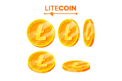 Litecoin Gold Coins Vector Set. Flip Different Angles. Litecoin Virtual Money. Digital Currency. Isolated Flat illustration