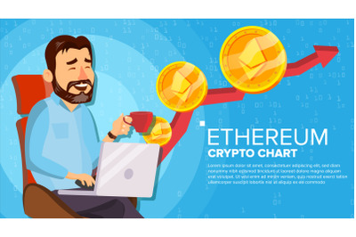 Ethereum Up Trend, Growth Concept Vector. Trade Chart. Virtual Money Happy Man Investor. Crypto Currency Market Concept. Flat Cartoon Illustration