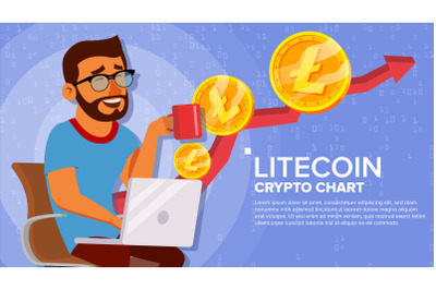 Litecoin Up Trend, Growth Concept Vector. Trade Chart. Virtual Money Happy Man Investor. Crypto Currency Market Concept. Flat Cartoon Illustration