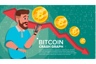 Bitcoin Crash Graph Vector. Surprised Investor. Negative Growth Exchange Trading. Collapse Of Crypto Currency. Bitcoin Crypto Currency Market Concept. Annoyance, Panic. Flat Cartoon Illustration