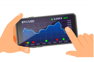 Bitcoin Application Vector. Hand Holding Smartphone. Bitcoin App with Graph, Trend, Diagram. Investment Concept. Trading Design Concept. Isolated Flat Illustration