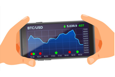 Bitcoin Application Web Charts Vector. Hand Holding Smartphone. Bitcoin Exchange App. Digital Money. Investment Concept.