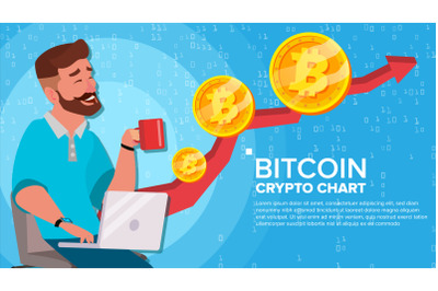 Bitcoin Up Trend, Growth Concept Vector. Trade Chart. Virtual Money Happy Man Investor. Crypto Currency Market Concept. Flat Cartoon Illustration