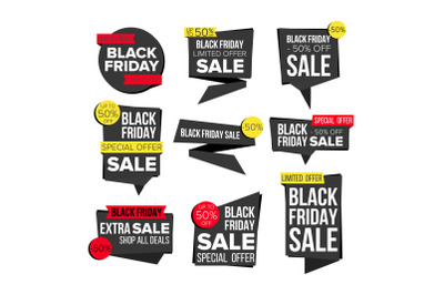 Black Friday Sale Banner Set Vector. Website Stickers&2C; Black Web Page Design. Up To 50 Percent Off Friday Badges. Isolated Illustration