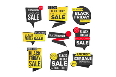 Black Friday Sale Banner Set Vector. Discount Tag&2C; Special Friday Offer Banner. Special Offer Black Templates. Best Offer Advertising. Isolated Illustration