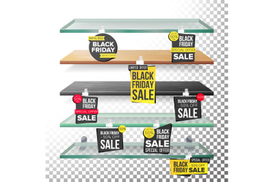 Supermarket Shelves, Black Friday Sale Advertising Wobblers Vector. Retail Sticker Concept. Black Friday Best Offer. Discount Sticker. Sale Banners. Isolated Illustration