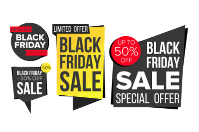 Black Friday Sale Banner Set Vector. Discount Tag&2C; Special Friday Offer Banners. Discount And Promotion. Half Price Black Stickers. Isolated Illustration