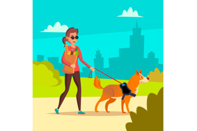 Blind Woman Vector. Young Person With Pet Dog Helping Companion. Disability Socialization Concept. Blind Female And Guide Dog On Crosswalk. Cartoon Character Illustration