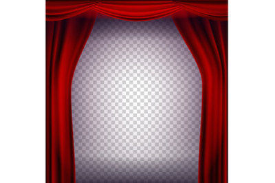 Red Theater Curtain Vector. Transparent Background. Poster For Concert, Party, Theater, Dance Template. Realistic Illustration