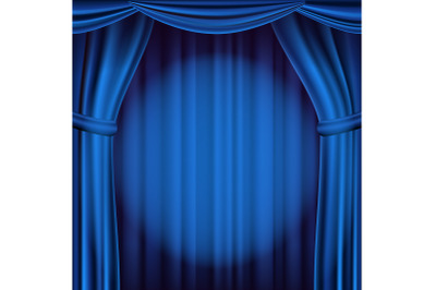 Blue Theater Curtain Vector. Theater, Opera Or Cinema Scene. Realistic Illustration