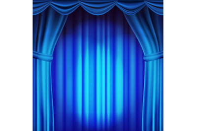 Blue Theater Curtain Vector. Theater, Opera Or Cinema Scene. Empty Silk Stage, Blue Scene. Realistic Illustration