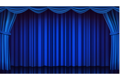 Blue Theater Curtain Vector. Theater, Opera Or Cinema Closed Scene. Realistic Blue Drapes Illustration