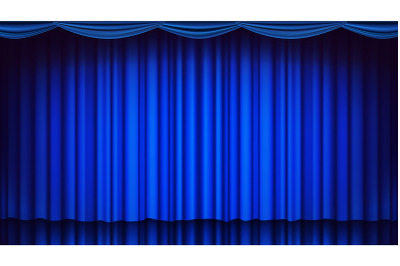 Blue Theater Curtain Vector. Theater, Opera Or Cinema Empty Silk Stage, Blue Scene. Realistic Illustration
