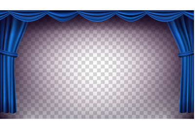 Blue Theater Curtain Vector. Transparent Background. Banner For Concert, Theater. Opera Or Cinema Empty Silk Stage, Blue Scene. Realistic Illustration
